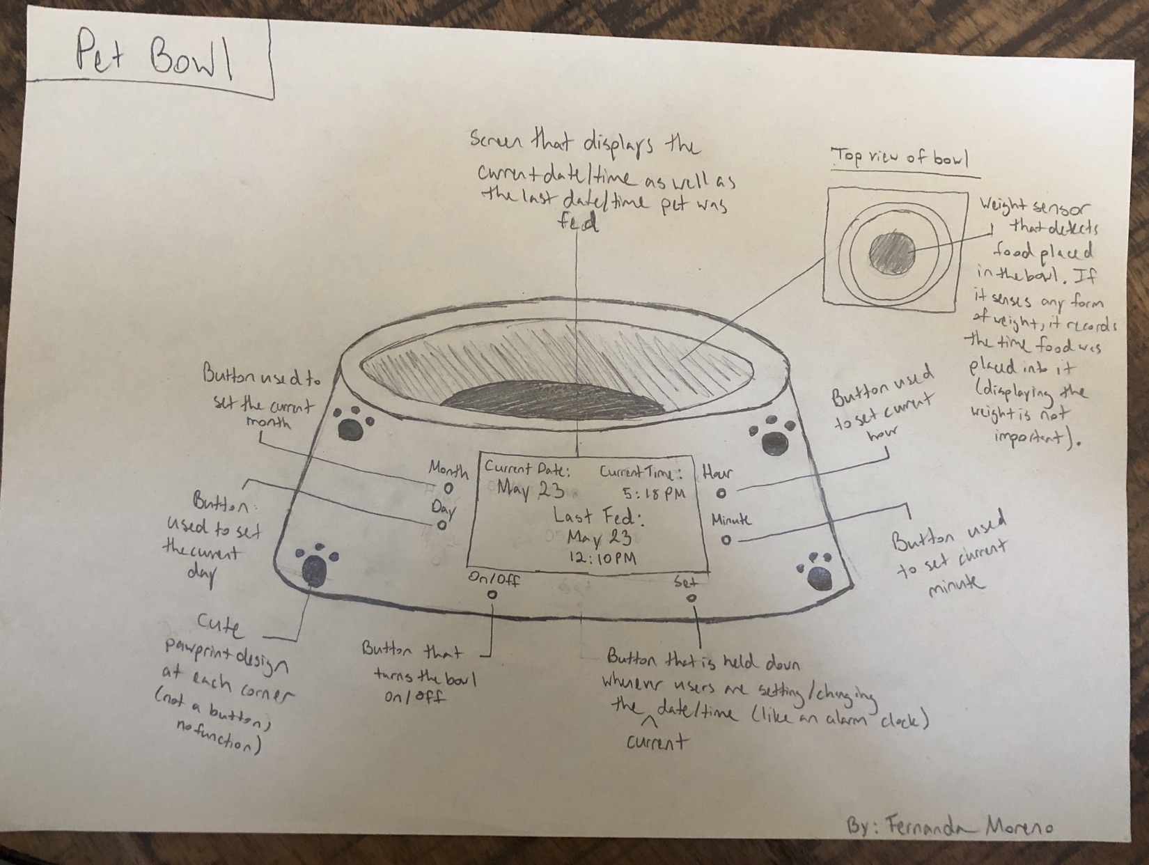 Sketch of physical pet bowl and functionality description