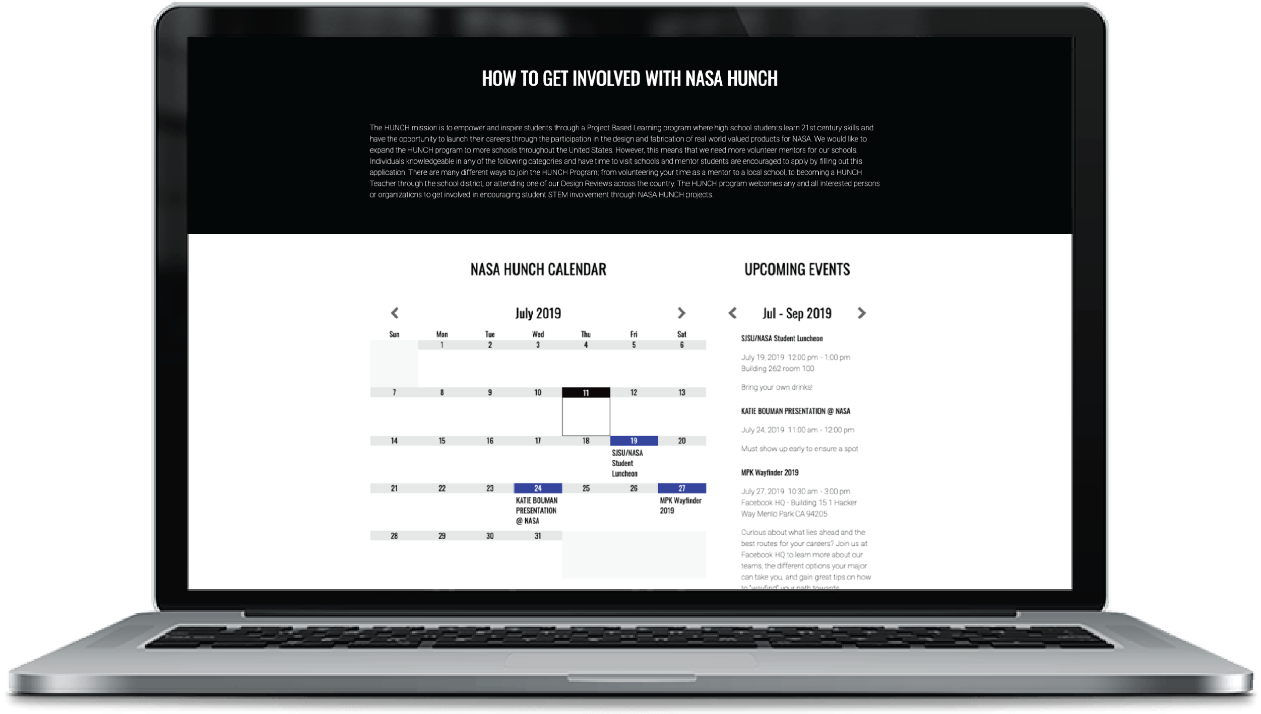 Final iteration of Events/Calendar section design, prototyped with Adobe XD